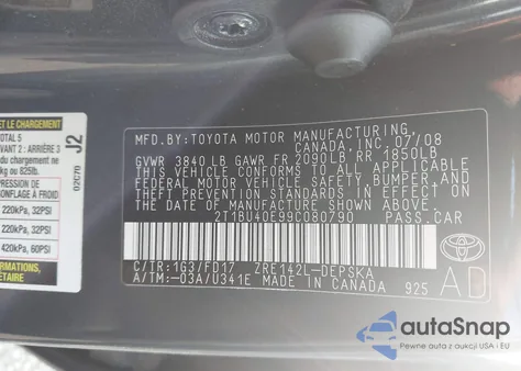 2009 Toyota Corolla S z USA, uszkodzony, nr VIN 2T1BU40E99C080790